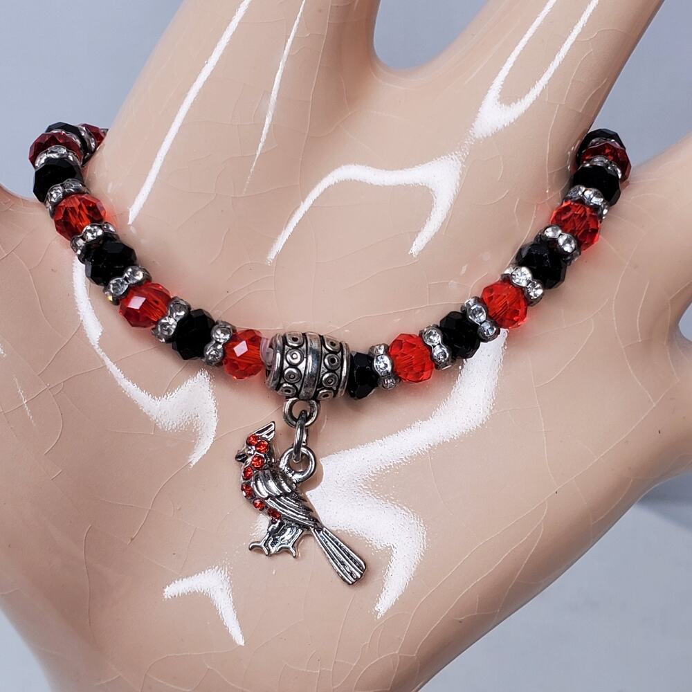 Vintage Bracelet Cardinal Healing Red Black w/ Faux Diamonds Beaded Stretchy